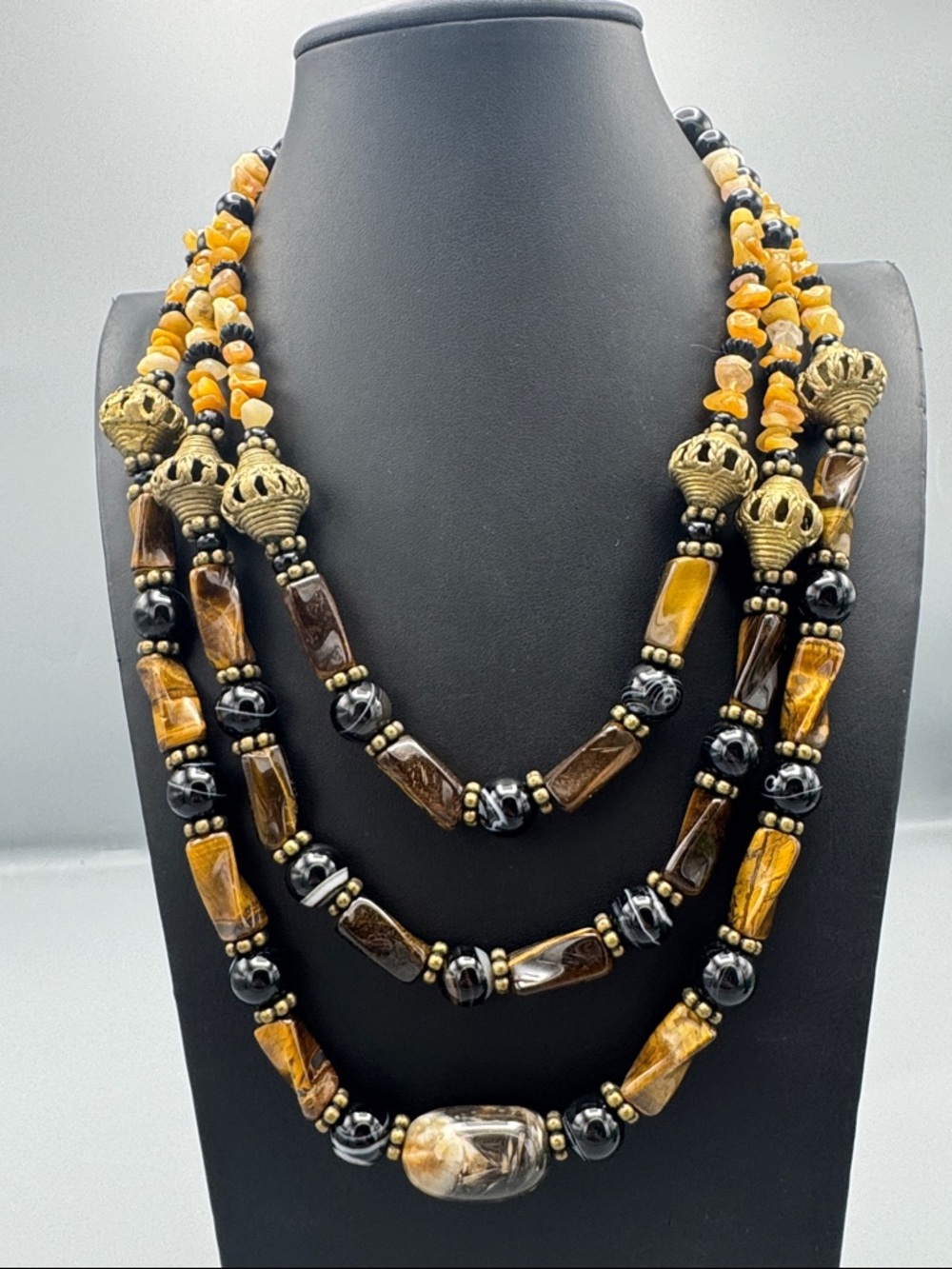 Multi-Strand Tiger Eye and Black Bead Necklace